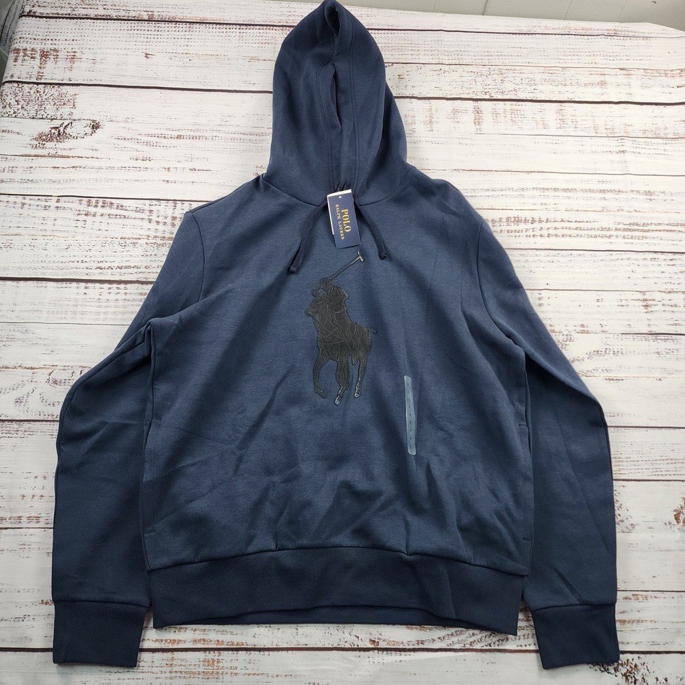 Polo Ralph Lauren Leather Pony Double Knit Hoodie Men's L Navy NWT
